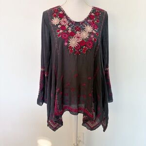 Johnny Was Wish Stitch Graphite Gray Floral Embroidered Tunic Size XS